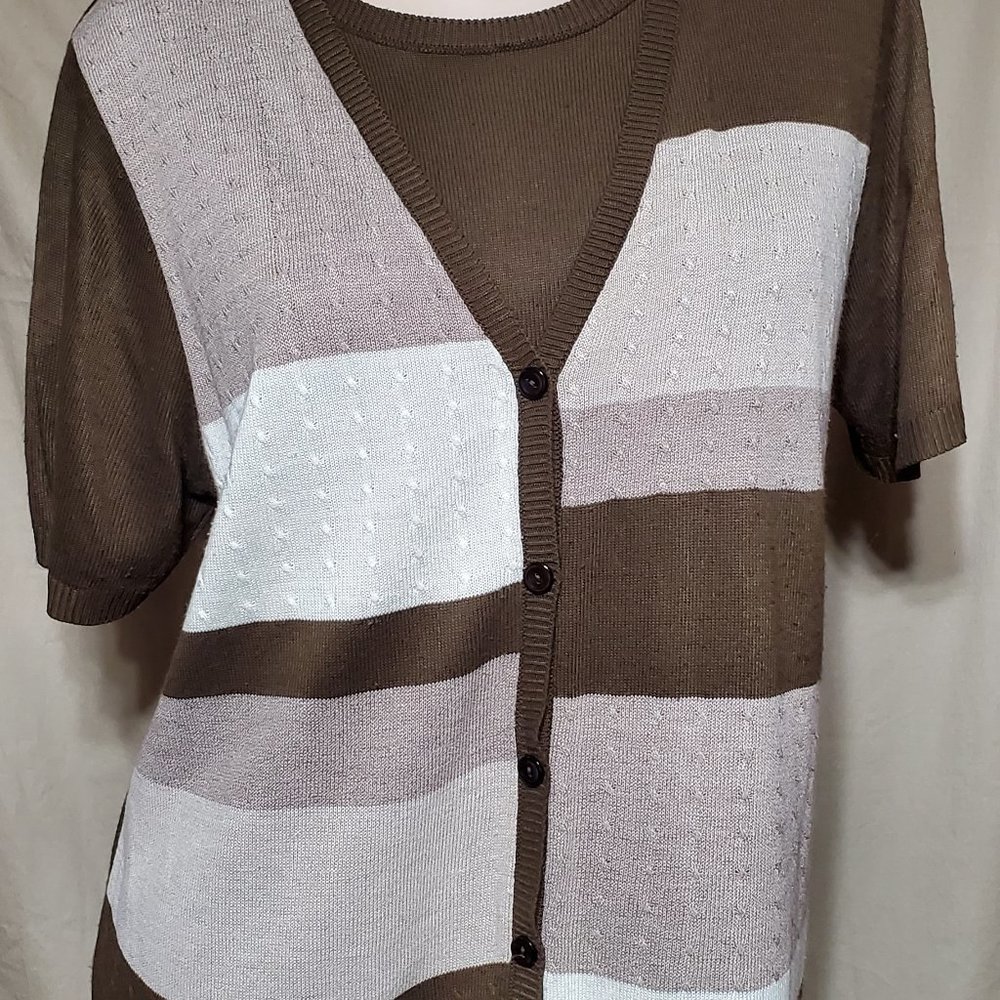Large Alfred Dunner S/S Brown Khaki Tan White 2-in-1 Colorblock Sweater